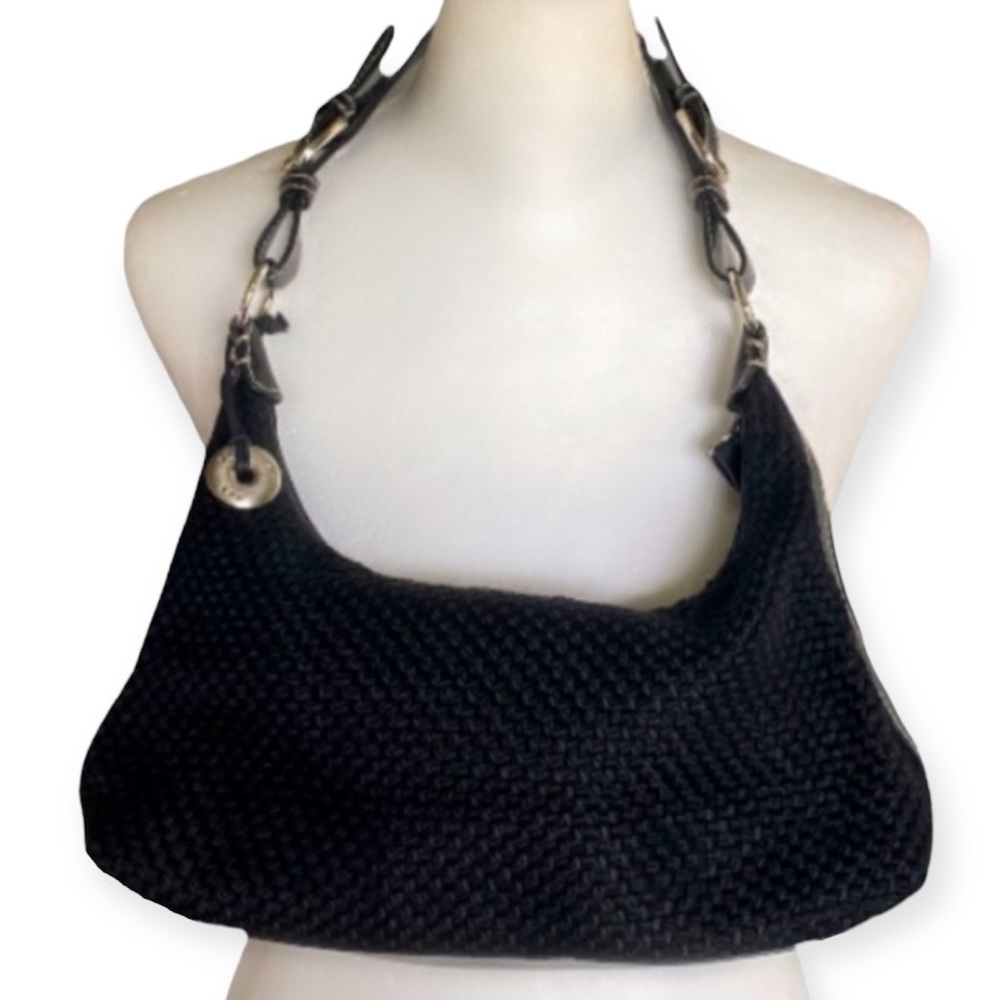 Vintage Y2k The Sak Black Handbag / Woven Fabric & Leather Trim silver keychain